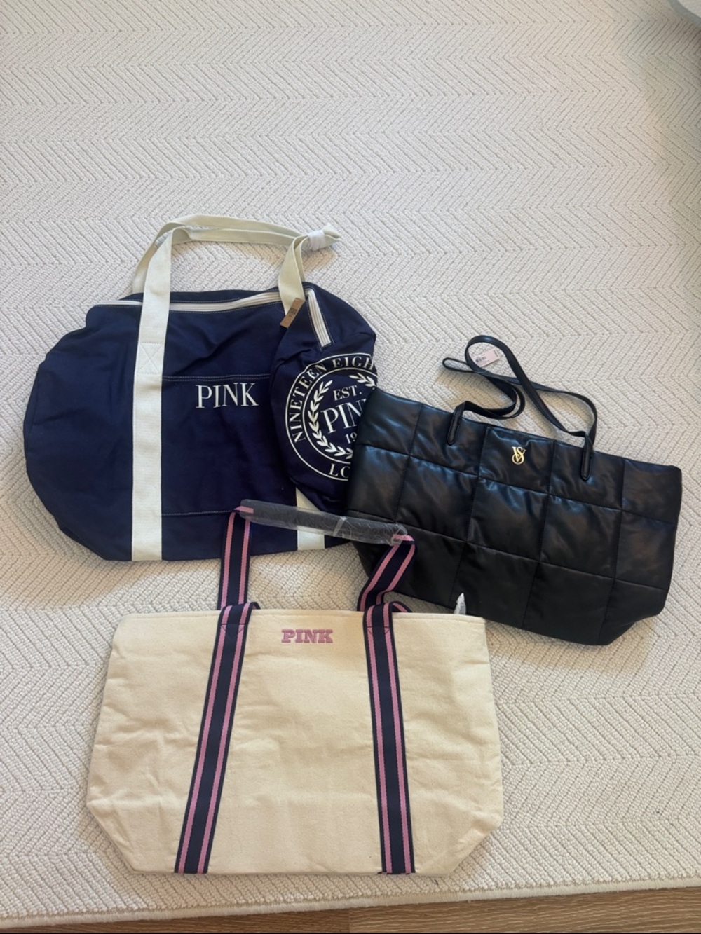 3 NWT Pink Victoria’s Secret Bags Black Quilted Puffy & Canvas Tote Navy Duffle